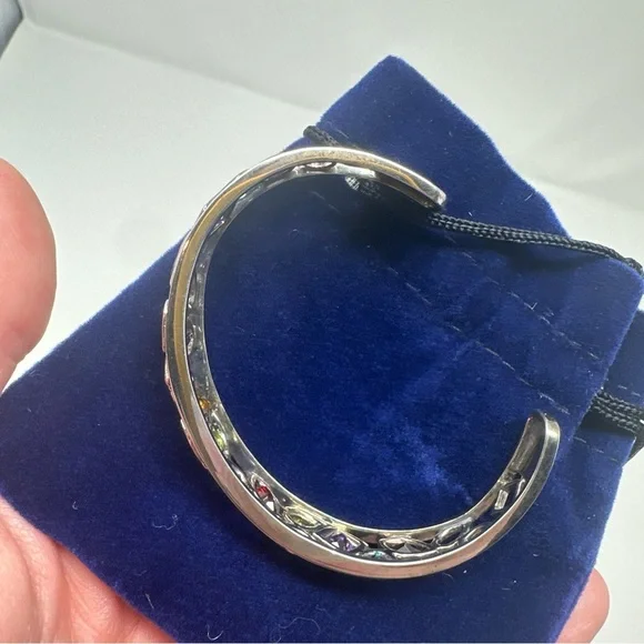 Rhodium Over Sterling Silver Multi-Colored Stone Cuff Bangle Bracelet 925 - Picture 3 of 10